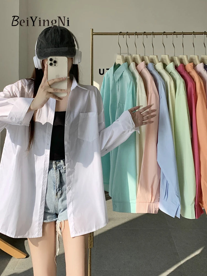 Effortlessly Chic 2024 Spring Autumn Women's Oversized White Blouse with Pockets - Trendy Korean Style Top
