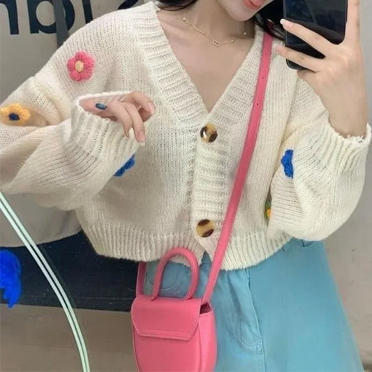 Colorful Flower Appliqué Knit Cardigan for Women – Soft Autumn Crop Sweater