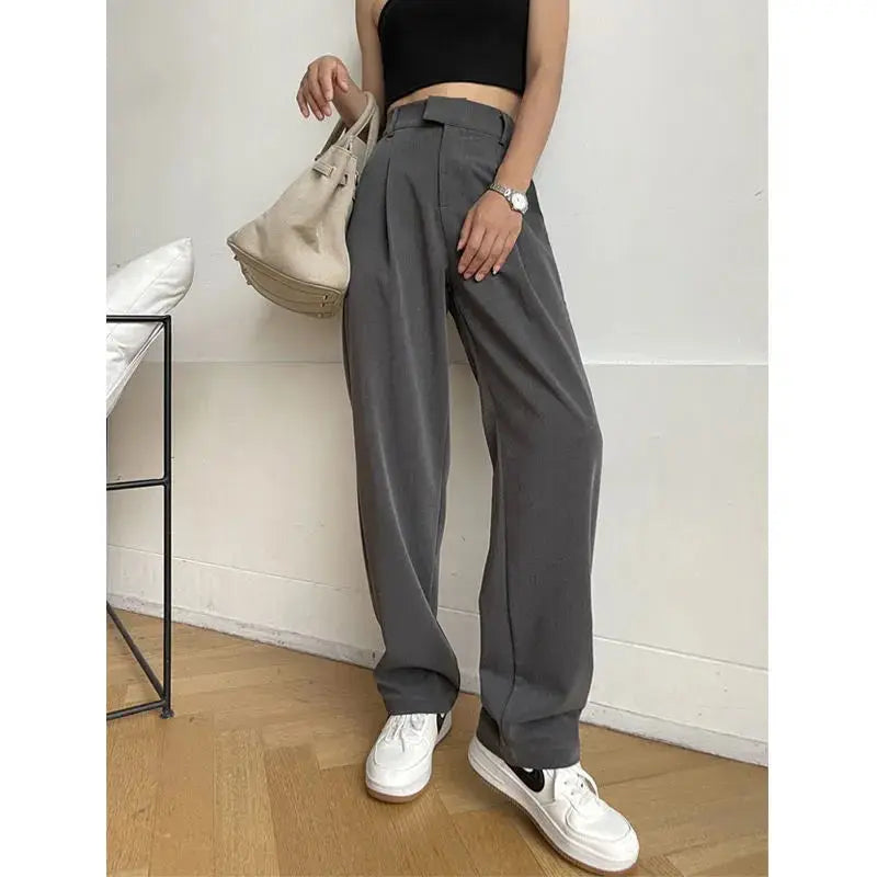 Women'S Suit Pants Draping Spring Autumn High Waist Casual Business Dress Pants Loose Straight Mopping Pants Wide Leg Pants Grey