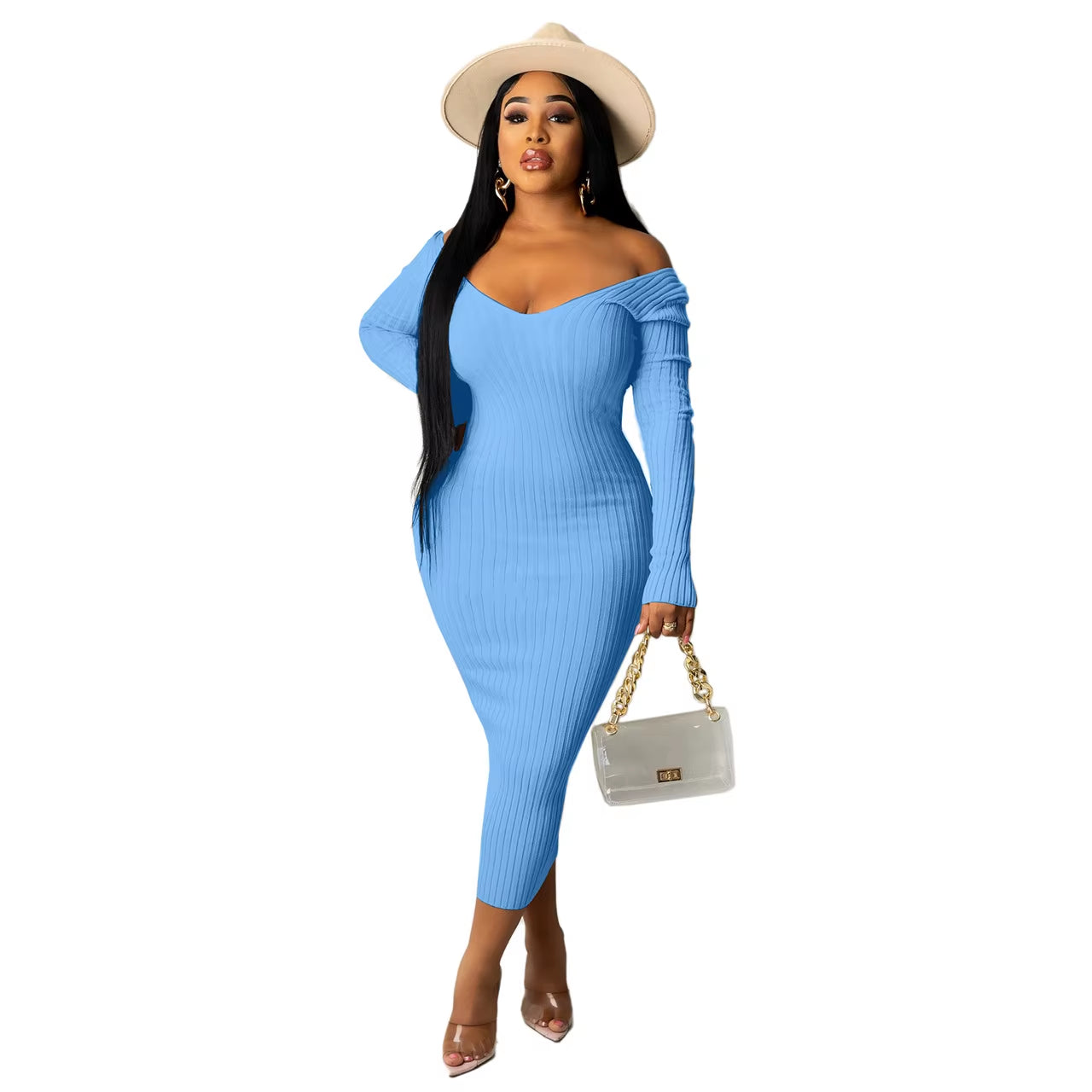 Chic Women's Autumn V-Neck Ribbed Maxi Dress - Sexy Slim Fit Bodycon for Winter