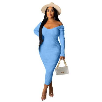 Chic Women's Autumn V-Neck Ribbed Maxi Dress - Sexy Slim Fit Bodycon for Winter