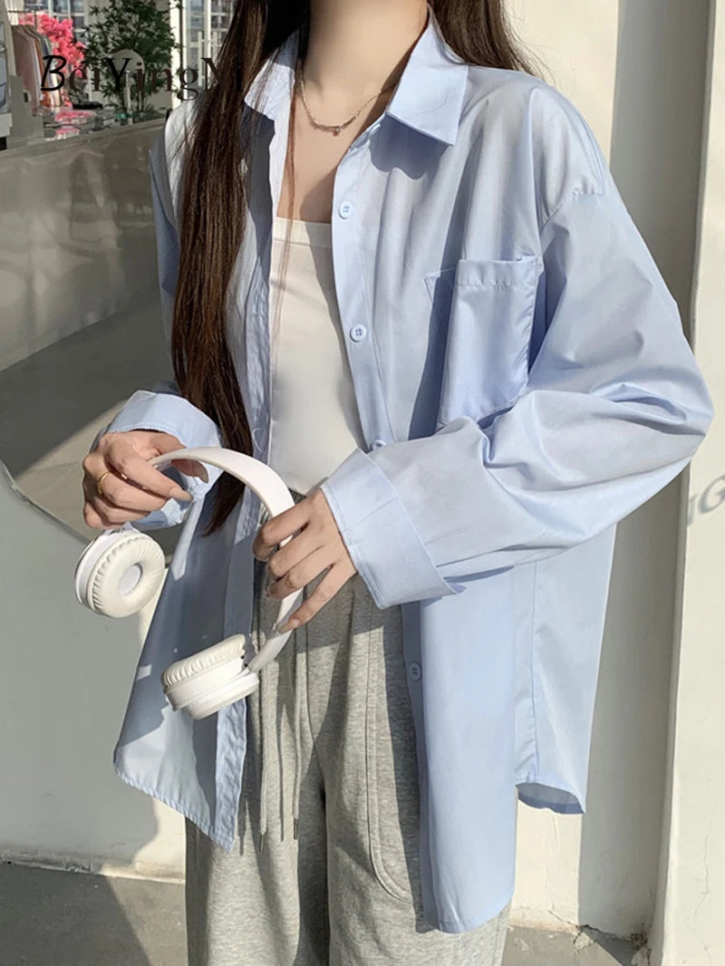 Effortlessly Chic  2024 Spring Autumn Women's Oversized White Blouse with Pockets - Trendy Korean Style Top