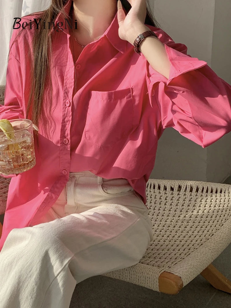 Effortlessly Chic  2024 Spring Autumn Women's Oversized White Blouse with Pockets - Trendy Korean Style Top