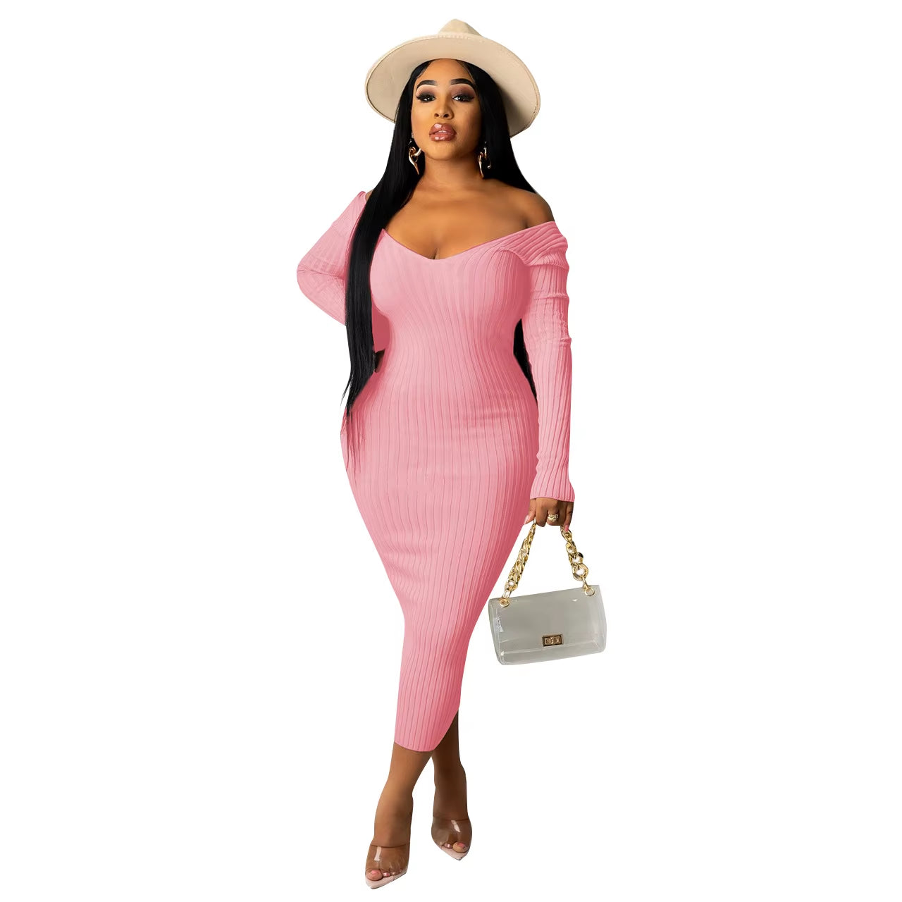Chic Women's Autumn V-Neck Ribbed Maxi Dress - Sexy Slim Fit Bodycon for Winter