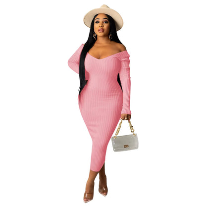 Chic Women's Autumn V-Neck Ribbed Maxi Dress - Sexy Slim Fit Bodycon for Winter