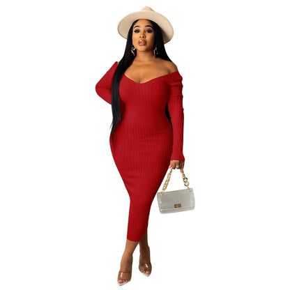 Chic Women's Autumn V-Neck Ribbed Maxi Dress - Sexy Slim Fit Bodycon for Winter