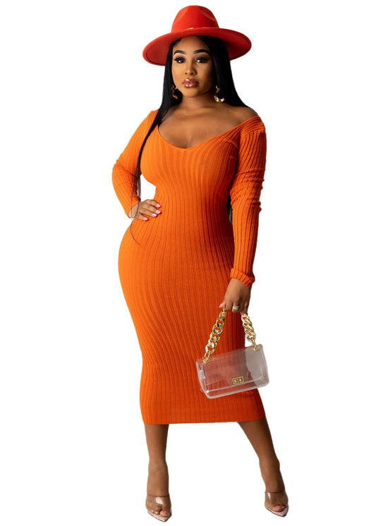 Chic Women's Autumn V-Neck Ribbed Maxi Dress - Sexy Slim Fit Bodycon for Winter