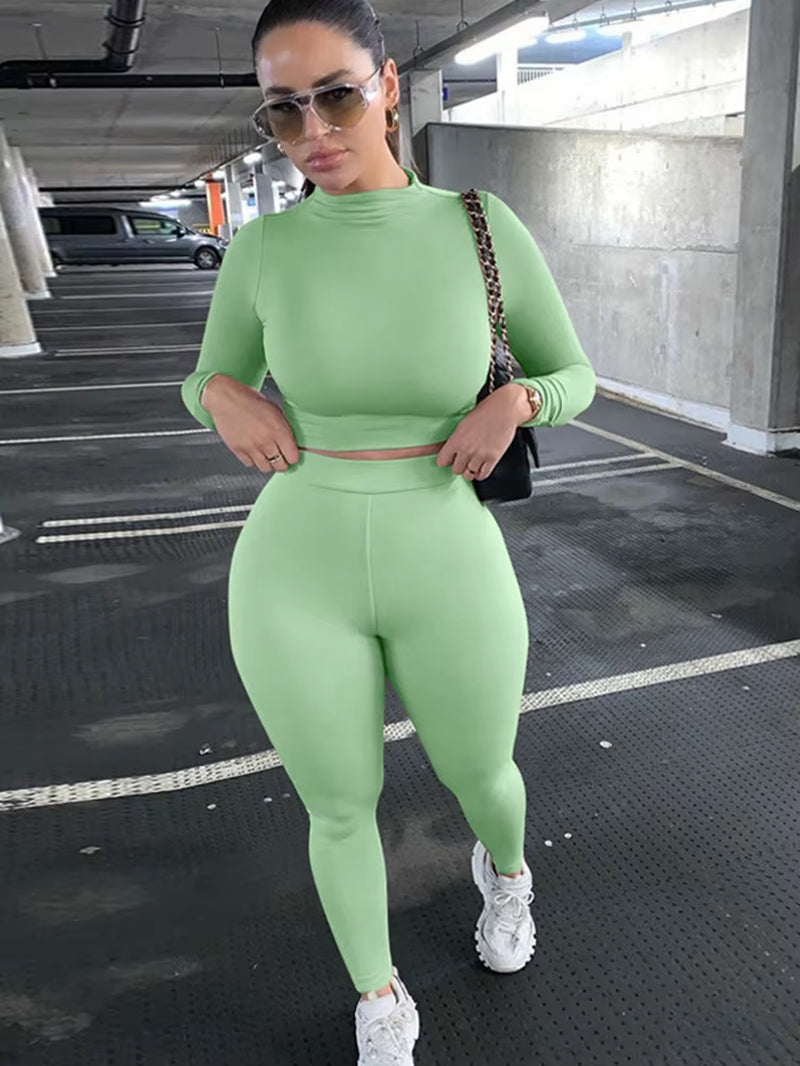 2022 Autumn Winter Women Sport Fitness 2 Two Piece Set Outfits Long Sleeve Solid Crop Tops Leggings Pants Set Bodycon Tracksuit