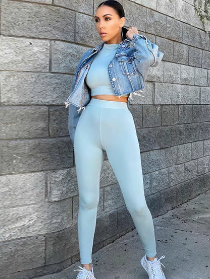 2022 Autumn Winter Women Sport Fitness 2 Two Piece Set Outfits Long Sleeve Solid Crop Tops Leggings Pants Set Bodycon Tracksuit