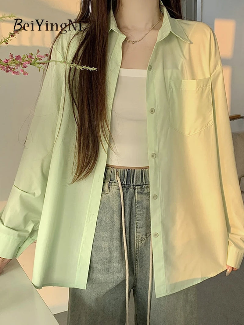 Effortlessly Chic  2024 Spring Autumn Women's Oversized White Blouse with Pockets - Trendy Korean Style Top