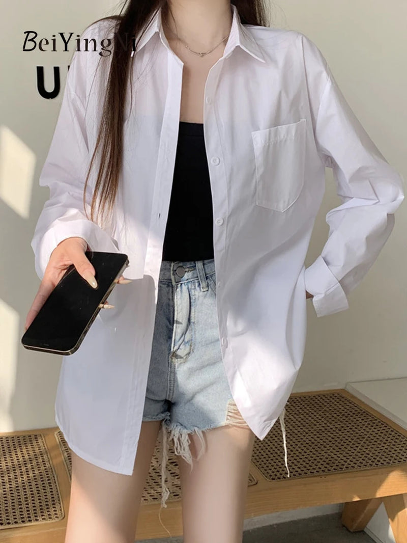 Effortlessly Chic  2024 Spring Autumn Women's Oversized White Blouse with Pockets - Trendy Korean Style Top