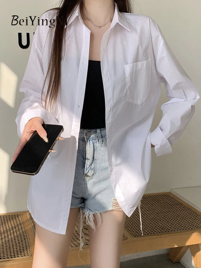 Effortlessly Chic  2024 Spring Autumn Women's Oversized White Blouse with Pockets - Trendy Korean Style Top