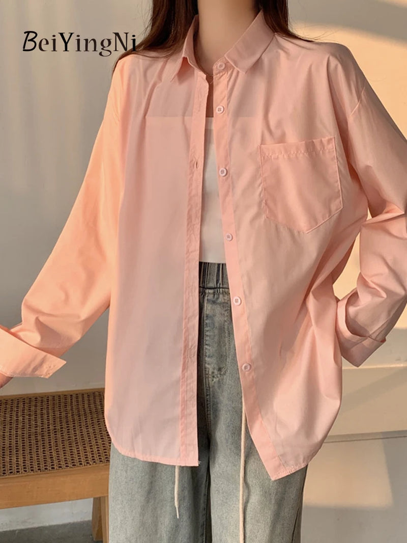 Effortlessly Chic  2024 Spring Autumn Women's Oversized White Blouse with Pockets - Trendy Korean Style Top