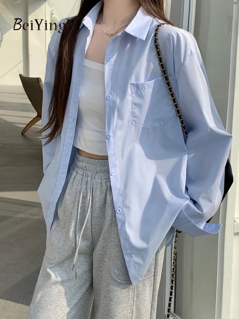 Effortlessly Chic  2024 Spring Autumn Women's Oversized White Blouse with Pockets - Trendy Korean Style Top
