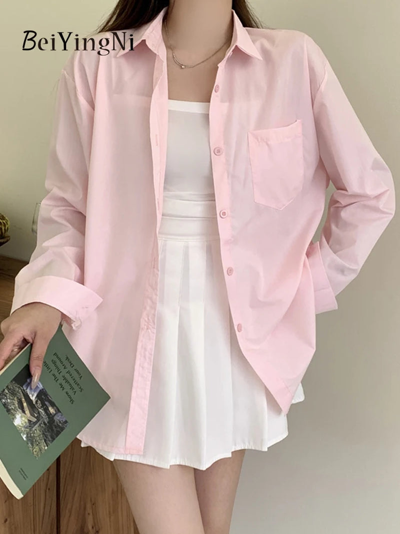 Effortlessly Chic  2024 Spring Autumn Women's Oversized White Blouse with Pockets - Trendy Korean Style Top