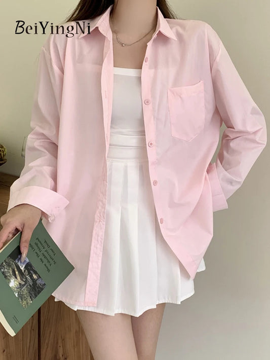 Effortlessly Chic  2024 Spring Autumn Women's Oversized White Blouse with Pockets - Trendy Korean Style Top