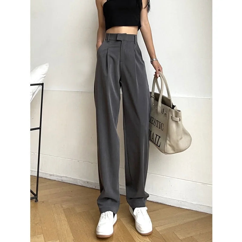 Women'S Suit Pants Draping Spring Autumn High Waist Casual Business Dress Pants Loose Straight Mopping Pants Wide Leg Pants Grey