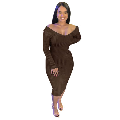 Chic Women's Autumn V-Neck Ribbed Maxi Dress - Sexy Slim Fit Bodycon for Winter