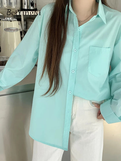 Effortlessly Chic  2024 Spring Autumn Women's Oversized White Blouse with Pockets - Trendy Korean Style Top