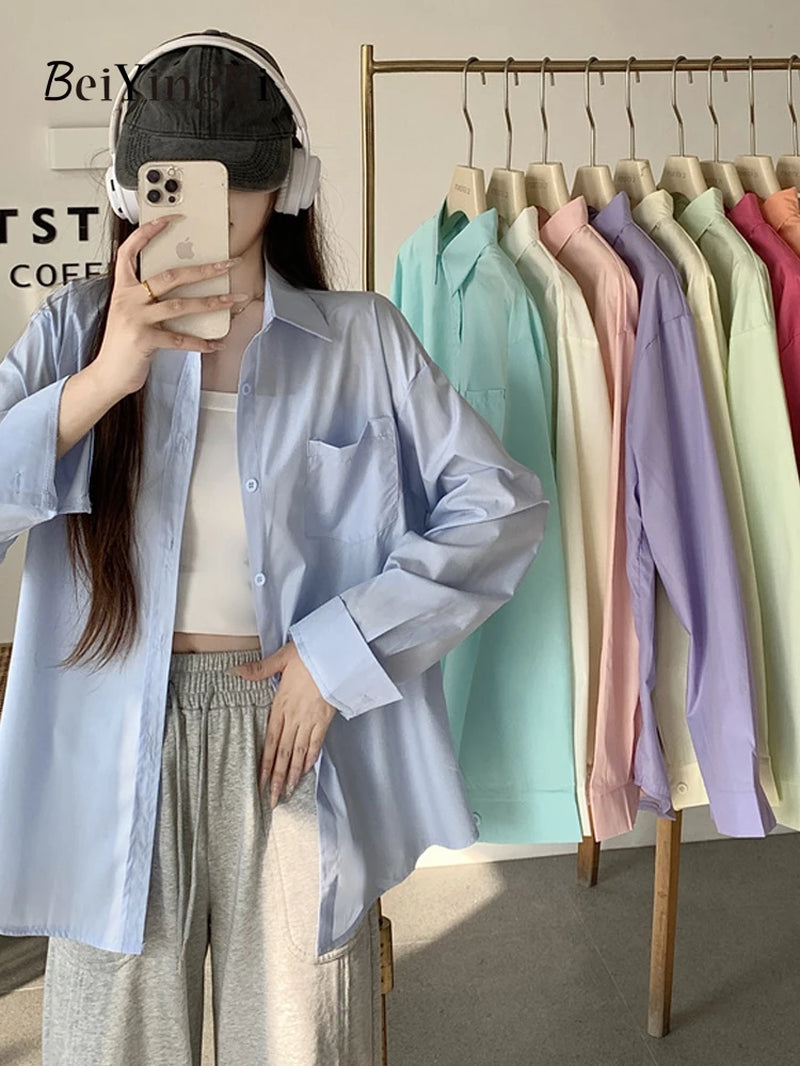 Effortlessly Chic  2024 Spring Autumn Women's Oversized White Blouse with Pockets - Trendy Korean Style Top