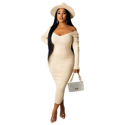 Chic Women's Autumn V-Neck Ribbed Maxi Dress - Sexy Slim Fit Bodycon for Winter