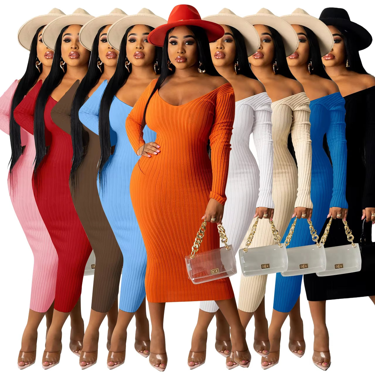 Chic Women's Autumn V-Neck Ribbed Maxi Dress - Sexy Slim Fit Bodycon for Winter