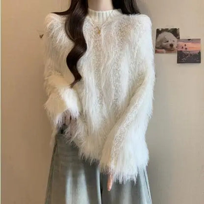 Furry Semi-turtle Neck Women's Long-sleeved Sweater in Autumn and Winter
