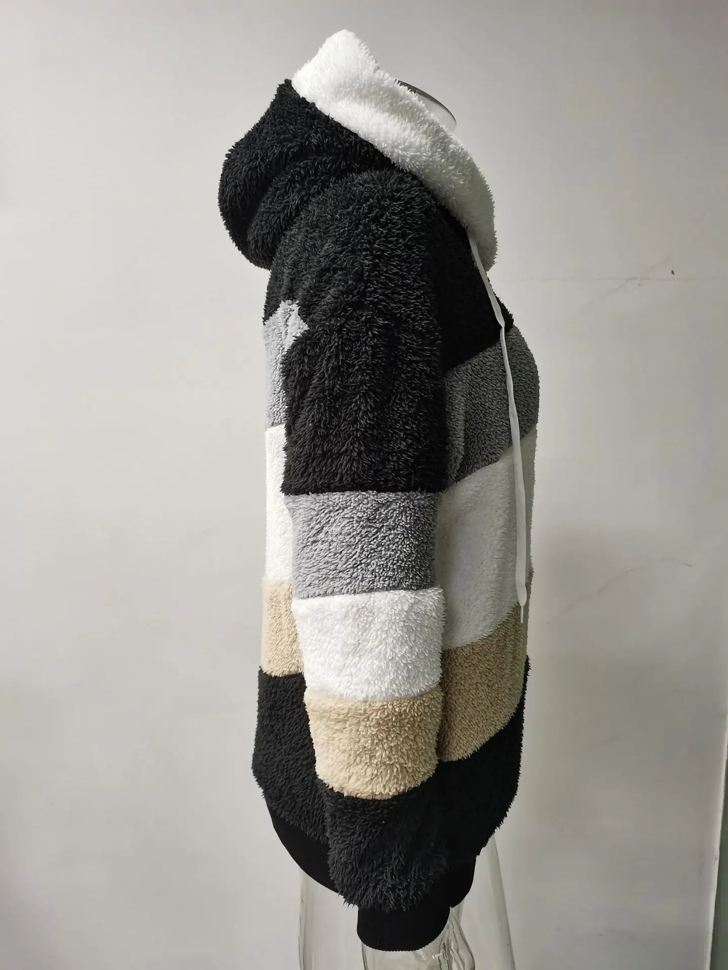 Omniarch Women’s Fleece Hoodie Coat | Striped Patchwork Cardigan
