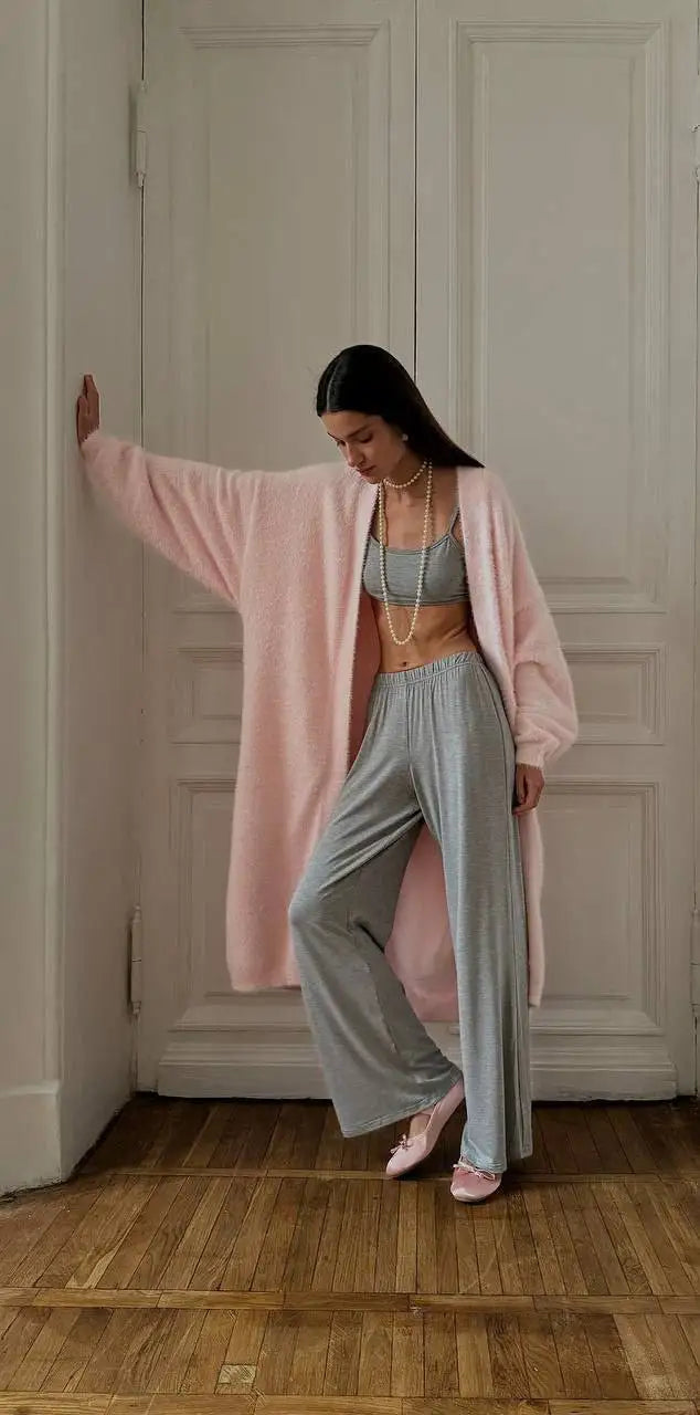 Hirsionsan 2024 Soft Knitted Set Women Autumn Winter Casual Long Sweater Cardigan with Belt & Vest Midi Dresses Solid Tracksuit