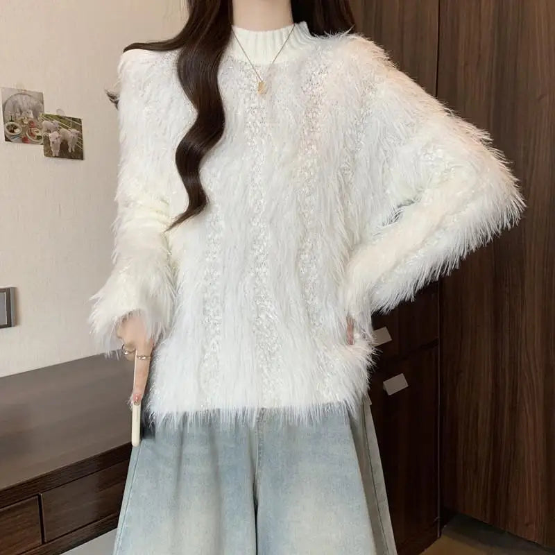 Furry Semi-turtle Neck Women's Long-sleeved Sweater in Autumn and Winter