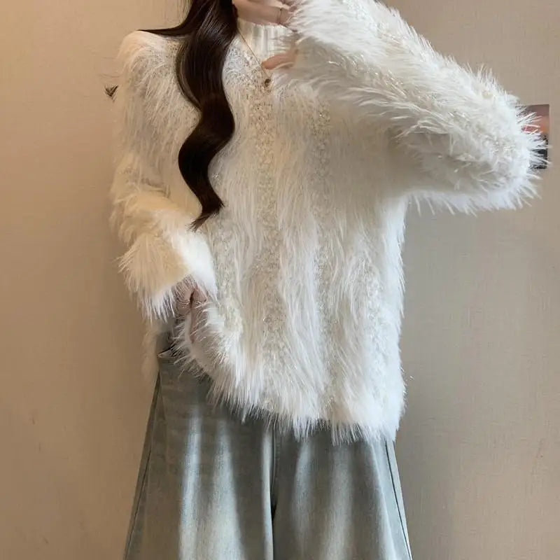 Furry Semi-turtle Neck Women's Long-sleeved Sweater in Autumn and Winter