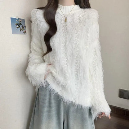 Furry Semi-turtle Neck Women's Long-sleeved Sweater in Autumn and Winter