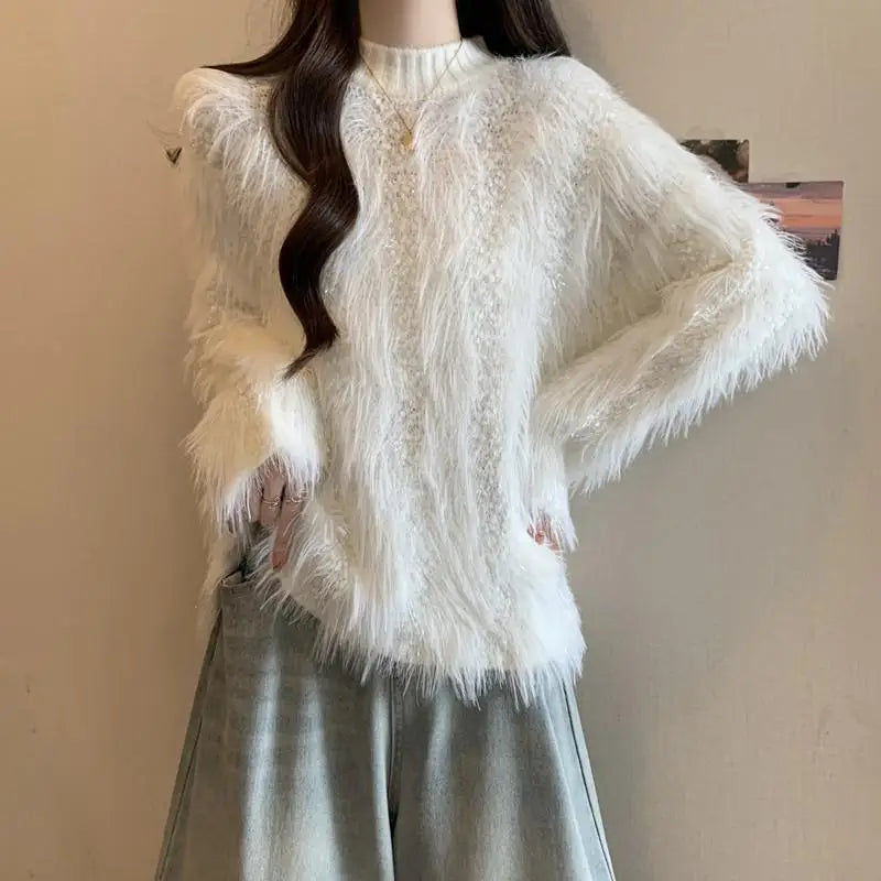Furry Semi-turtle Neck Women's Long-sleeved Sweater in Autumn and Winter