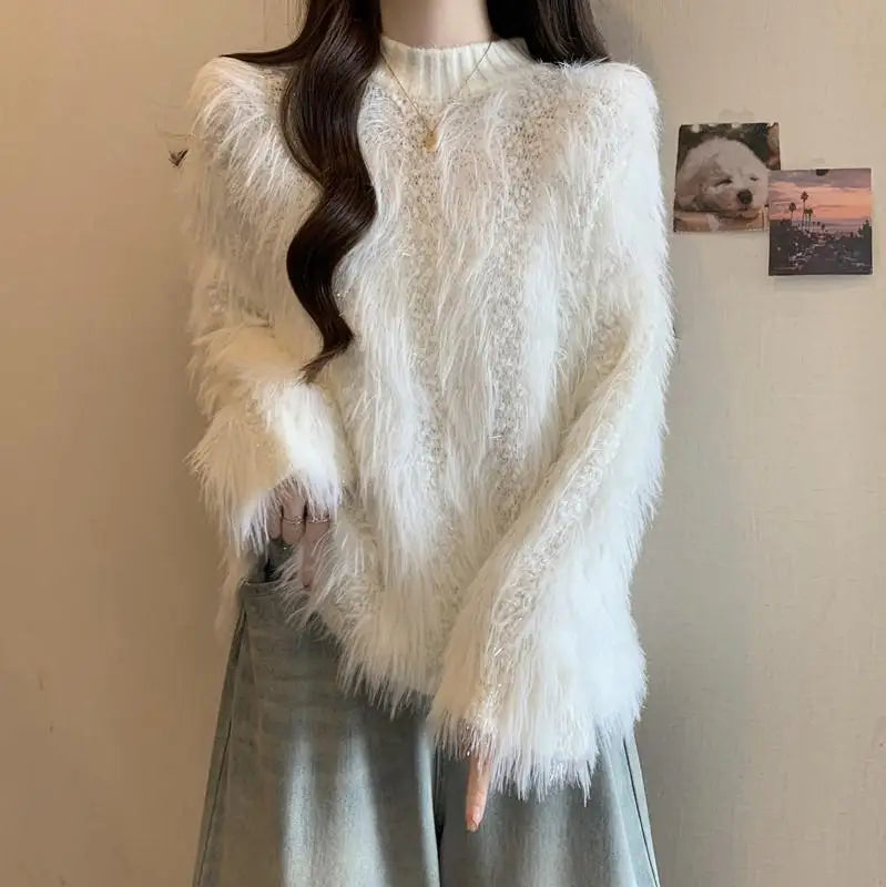 Furry Semi-turtle Neck Women's Long-sleeved Sweater in Autumn and Winter