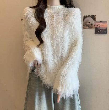 Furry Semi-turtle Neck Women's Long-sleeved Sweater in Autumn and Winter