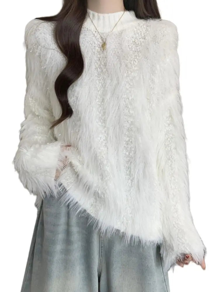 Furry Semi-turtle Neck Women's Long-sleeved Sweater in Autumn and Winter