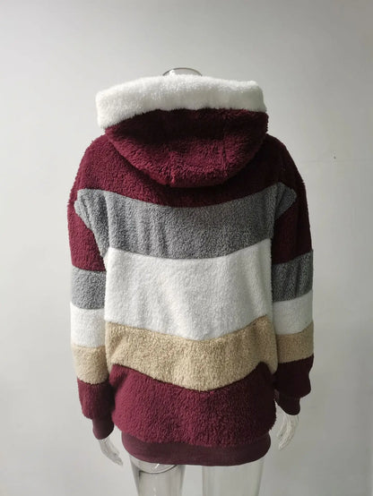 Omniarch Women’s Fleece Hoodie Coat | Striped Patchwork Cardigan