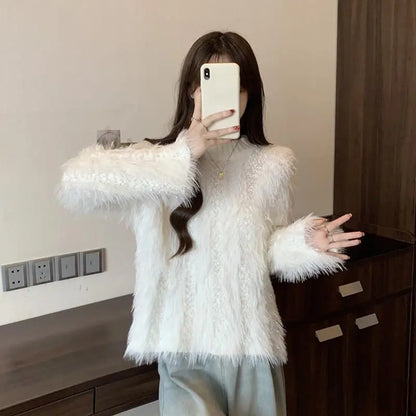 Furry Semi-turtle Neck Women's Long-sleeved Sweater in Autumn and Winter