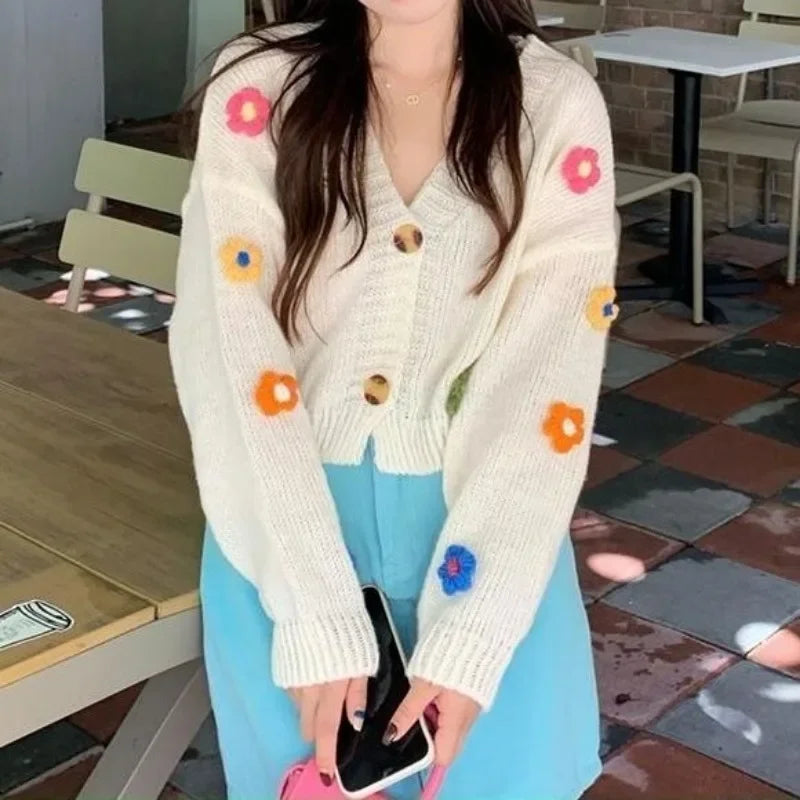 Omniarch Women’s Flower Knit Cardigan Colorful Autumn Crop Sweater