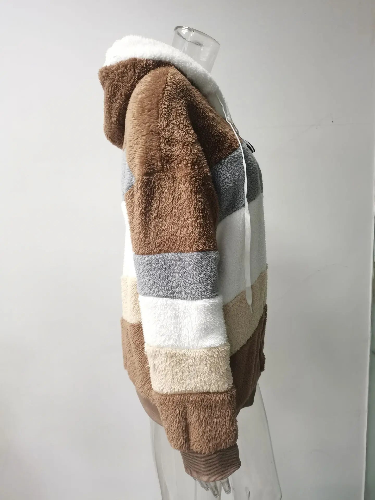 Omniarch Women’s Fleece Hoodie Coat | Striped Patchwork Cardigan