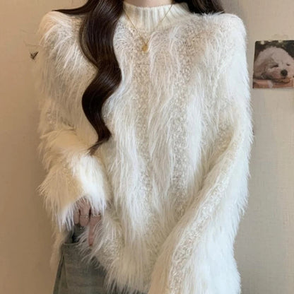 Furry Semi-turtle Neck Women's Long-sleeved Sweater in Autumn and Winter