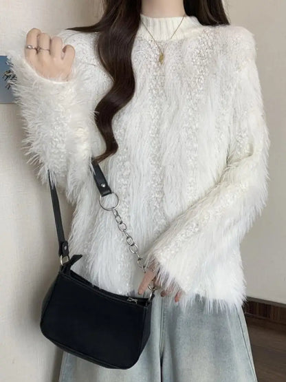 Furry Semi-turtle Neck Women's Long-sleeved Sweater in Autumn and Winter