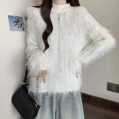 Furry Semi-turtle Neck Women's Long-sleeved Sweater in Autumn and Winter