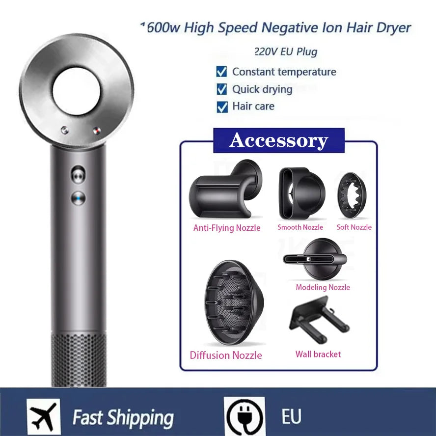 Professional High-speed Negative Ion Hair Dryer 5 Accessories 1600W Constant Temperature Care Fast Drying Electric Hair Dryer