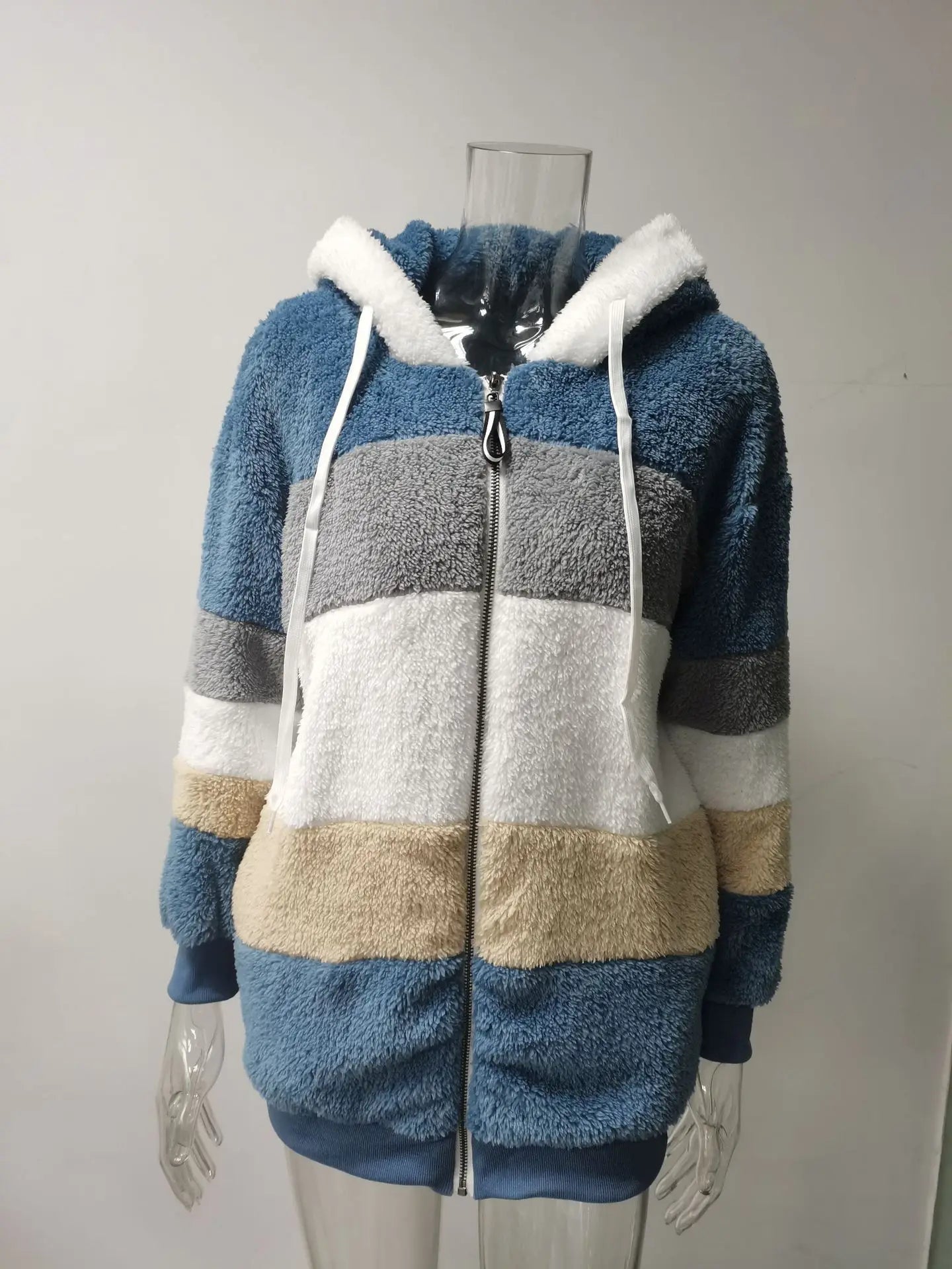 Omniarch Women’s Fleece Hoodie Coat | Striped Patchwork Cardigan