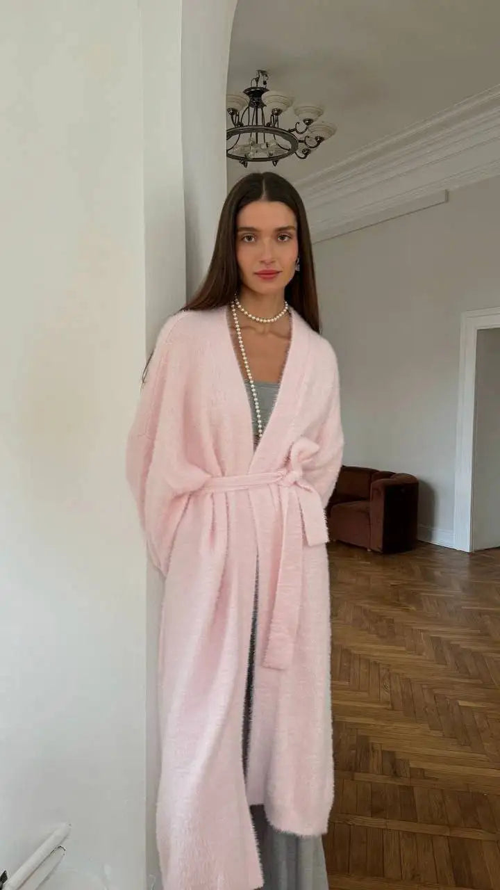 Hirsionsan 2024 Soft Knitted Set Women Autumn Winter Casual Long Sweater Cardigan with Belt & Vest Midi Dresses Solid Tracksuit