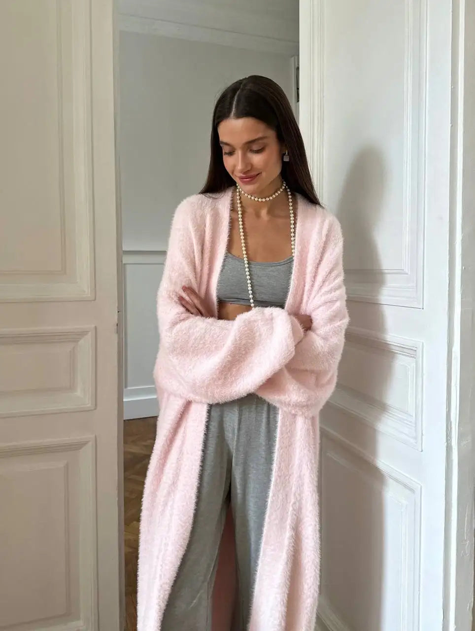 Hirsionsan 2024 Soft Knitted Set Women Autumn Winter Casual Long Sweater Cardigan with Belt & Vest Midi Dresses Solid Tracksuit
