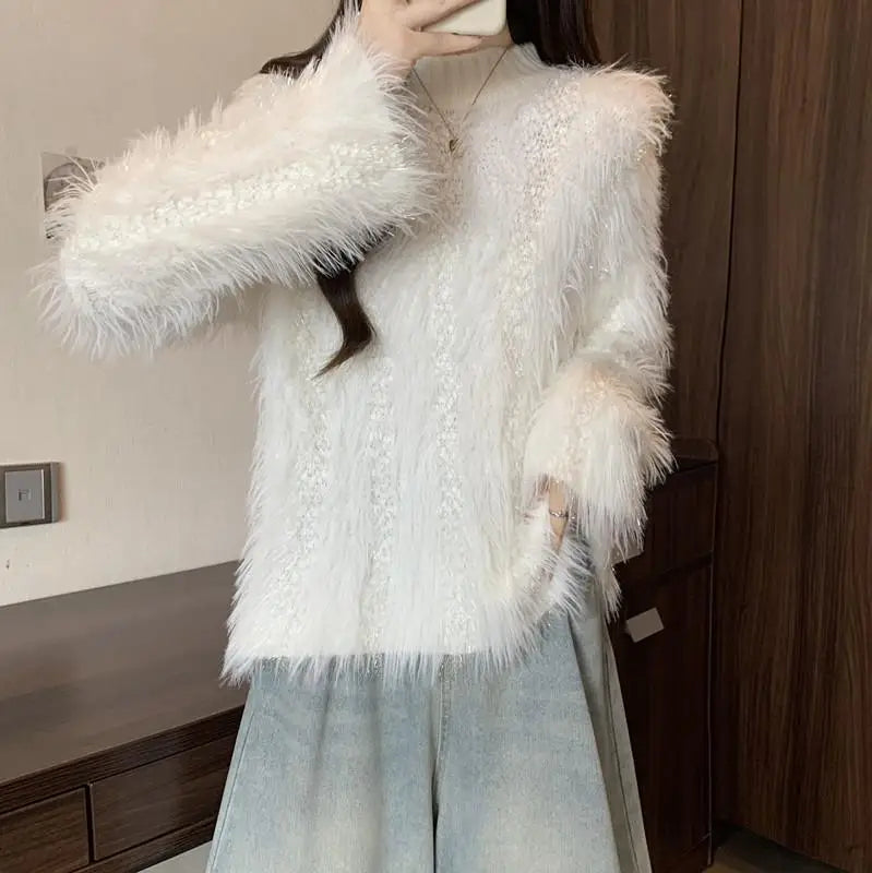 Furry Semi-turtle Neck Women's Long-sleeved Sweater in Autumn and Winter