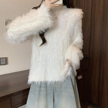 Furry Semi-turtle Neck Women's Long-sleeved Sweater in Autumn and Winter