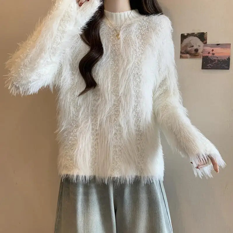 Furry Semi-turtle Neck Women's Long-sleeved Sweater in Autumn and Winter
